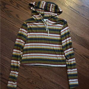 Caution to the Wind Olive Cropped Striped Hoodie